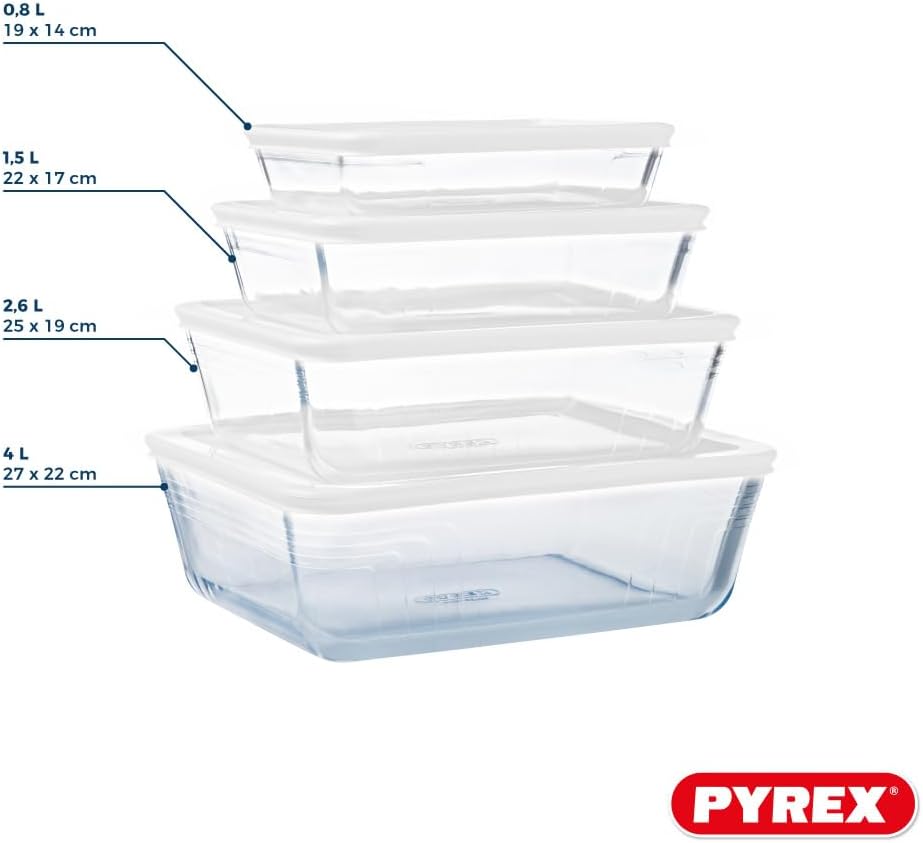 Pyrex cook and freeze Rectangular Storage Glass Dish With Lid Set Of 4 (0.8L,1.5L,2.6L,4L)